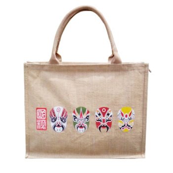 Beige jute tote bag with round reinforced handles and colorful printed patterns on the front, shown in a front-facing view, customizable in size, material, style, and printing.