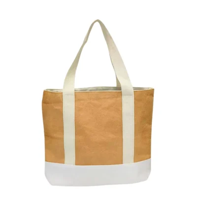 Heavy-duty Tyvek tote bag with reinforced handles and gusseted bottom, ideal for reusable packaging and gifting