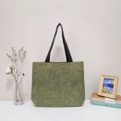 Popular Tyvek Bag Styles 1: Bottom Gusset Bags with green body and black handles